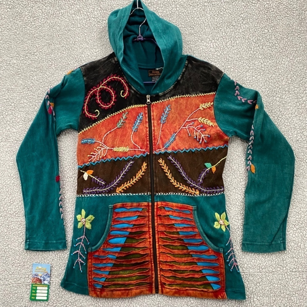 Rising International Hoodie Women's Small Boho Embroidered Sewn Zip Up Cotton